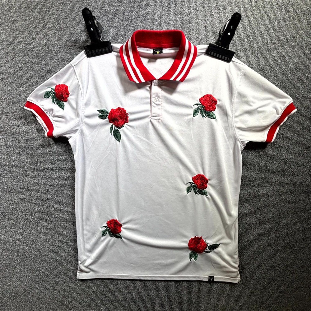 Screenshot Polo Shirt Mens XL White Rose Embroidery Short Sleeve Streetwear
